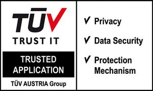 The TÜV Seal, "Trusted Application" confirms the highest standards, regarding data protection and information security